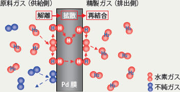 パラジウムによる水素透過メカニズムの説明図