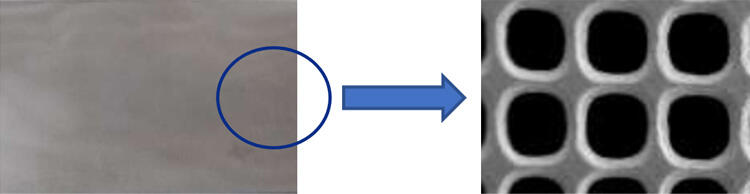 Appearance and magnified image of titanium micromesh electrode
