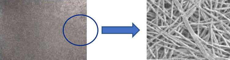 Appearance and magnified image of titanium-fiber-sintered-body electrode