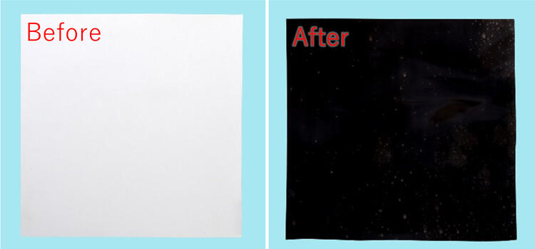 [Electroless plating on solid polymer films] Before plating (left) and after plating (right)